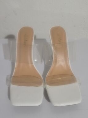 BELLA MARIE Clear Strap White Slide Heels